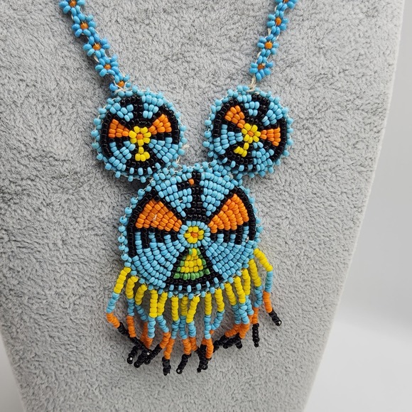 Handmade Jewelry - Native‎ Handmade Beaded Bird Necklace Folk Art Seed Bead Boho Fringed Blue